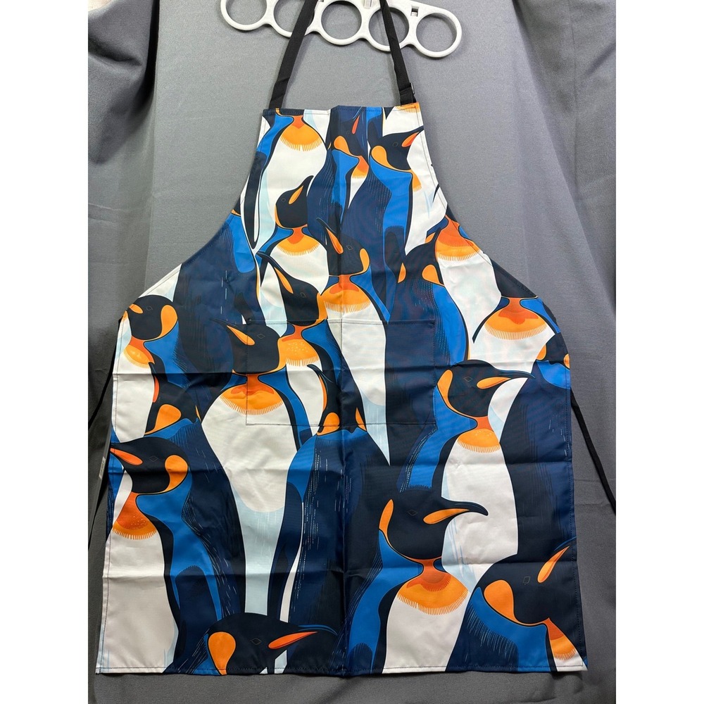 Penguin Print Kitchen Apron Blue Orange Adjustable Neck Strap One Size Pocket